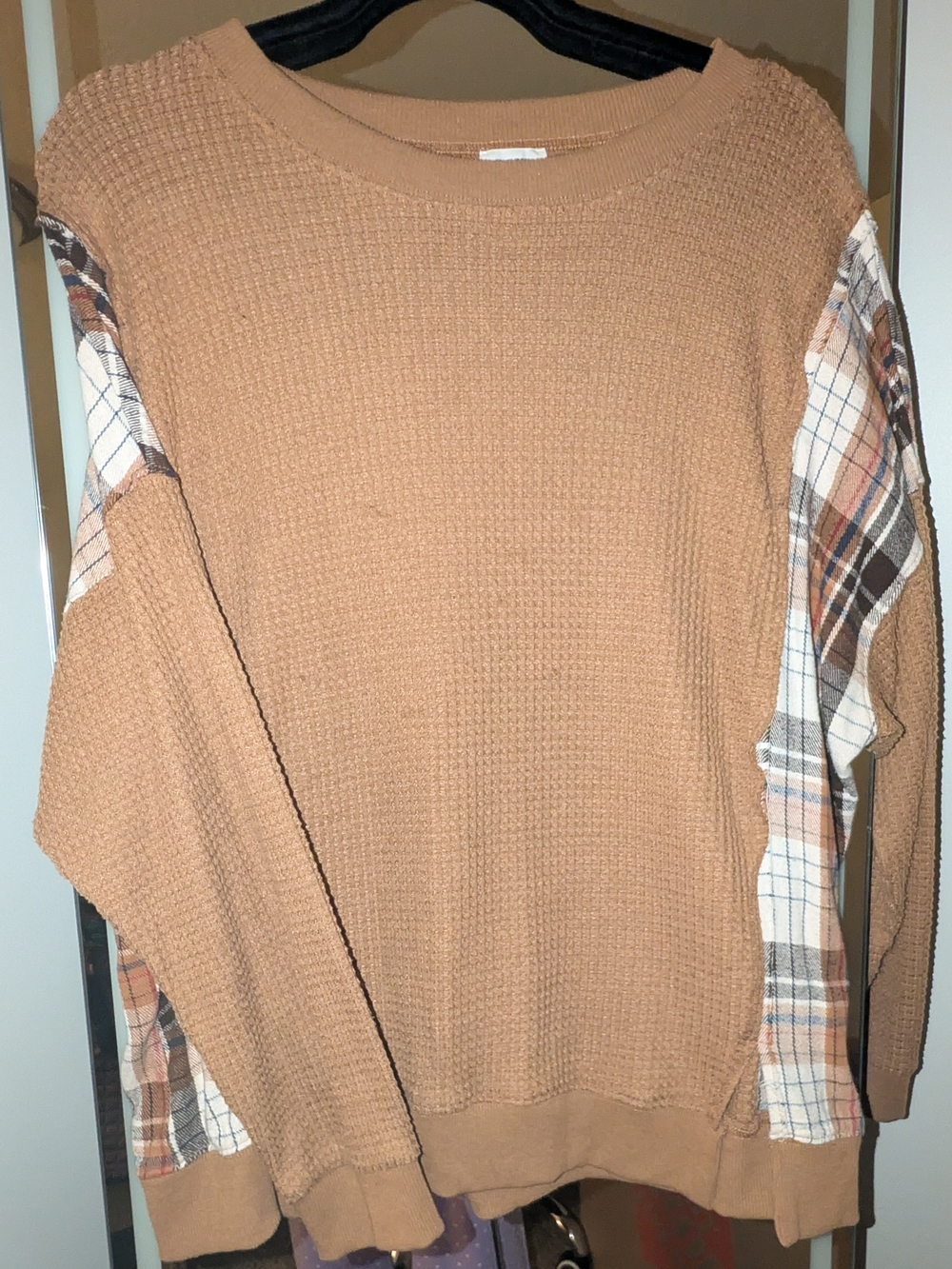 Crewneck Sweater with Plaid Sleeve Panels - Tan